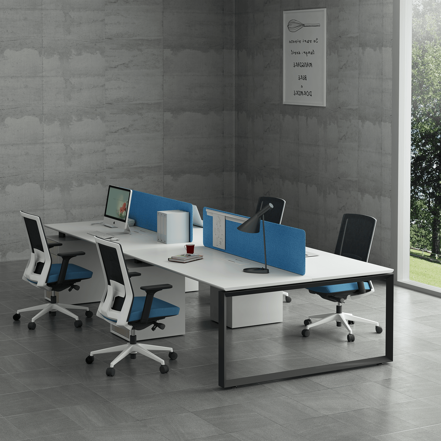 Face to face workstation with fixed pedestrals for 4 people