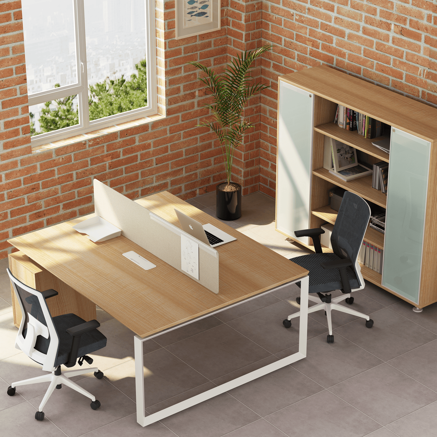 Face to face workstation with fixed pedestral for 2 people