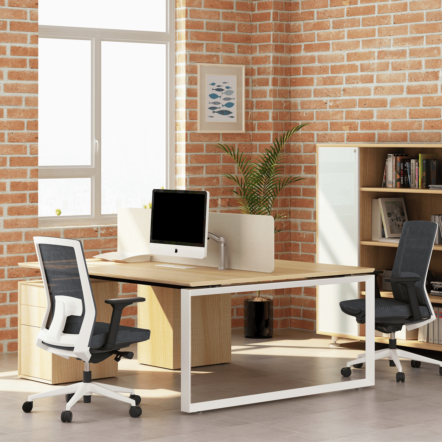 Face to face workstation with fixed pedestral for 2 people